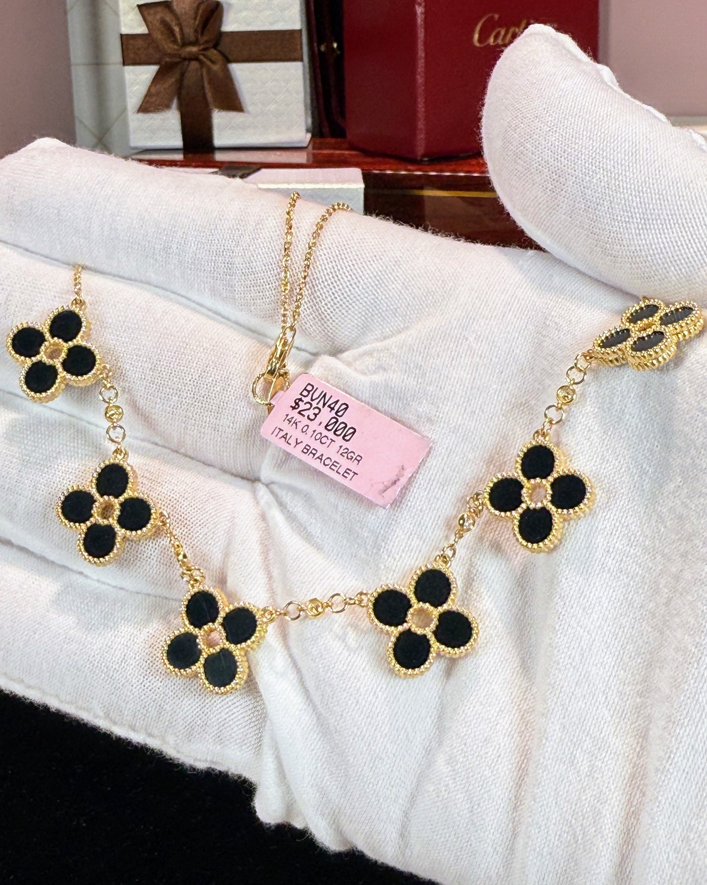 Van Cleef Inspired 14k Yellow Gold Black Onyx Four Pedals Necklace
