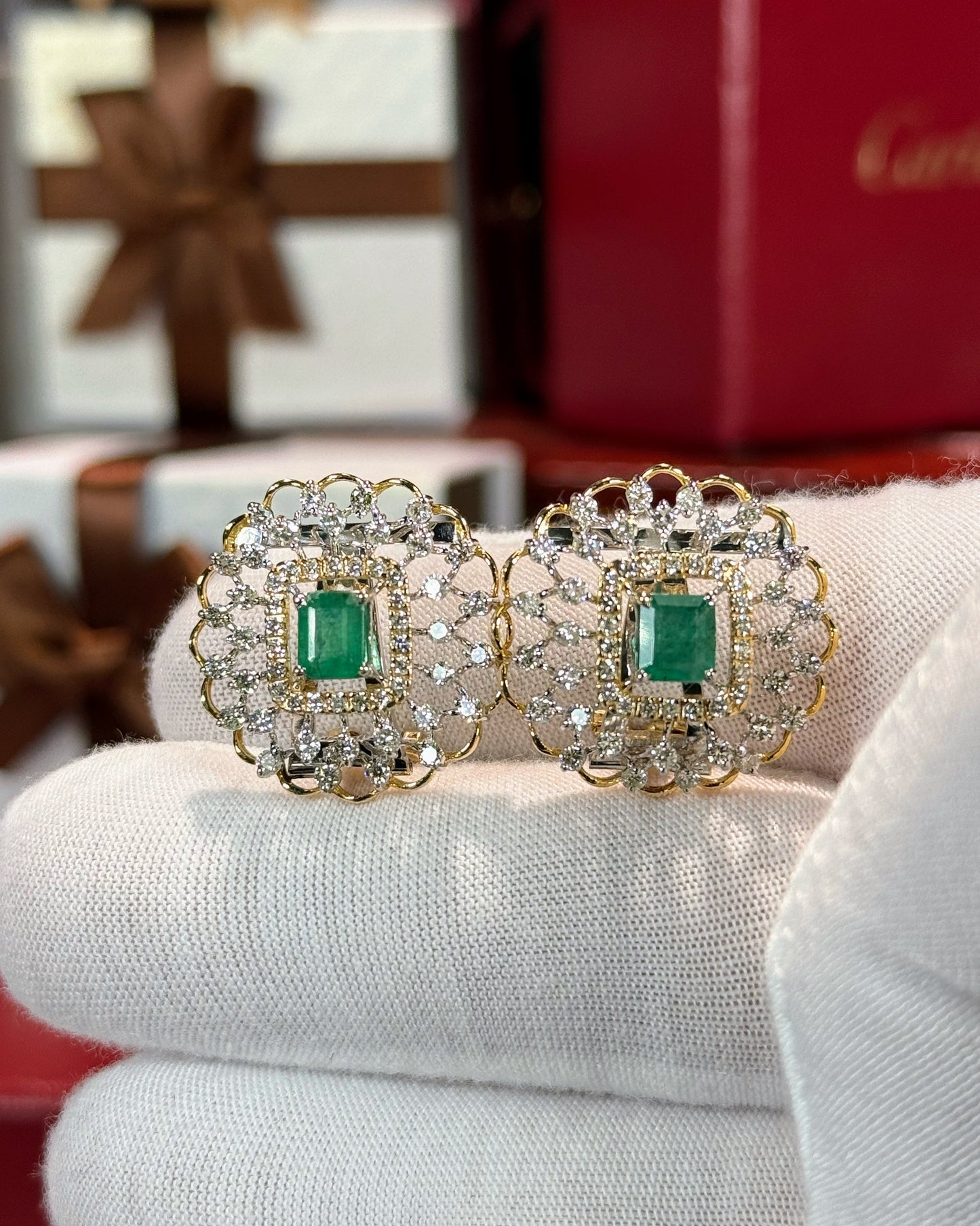 Emerald Halo 14k Yellow Gold Diamond Earrings