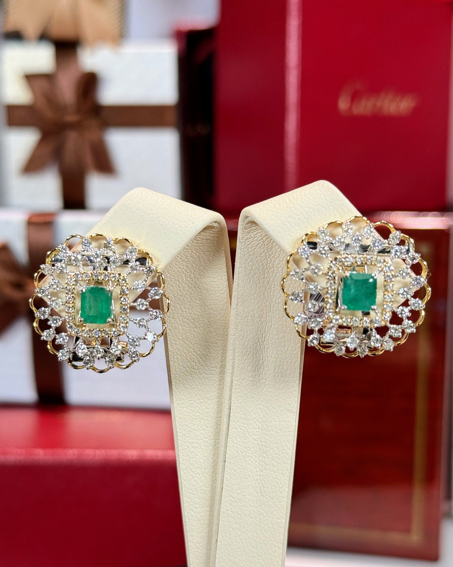Emerald Halo 14k Yellow Gold Diamond Earrings