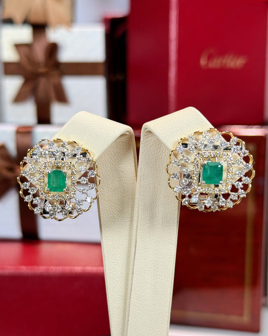 Emerald Halo 14k Yellow Gold Diamond Earrings