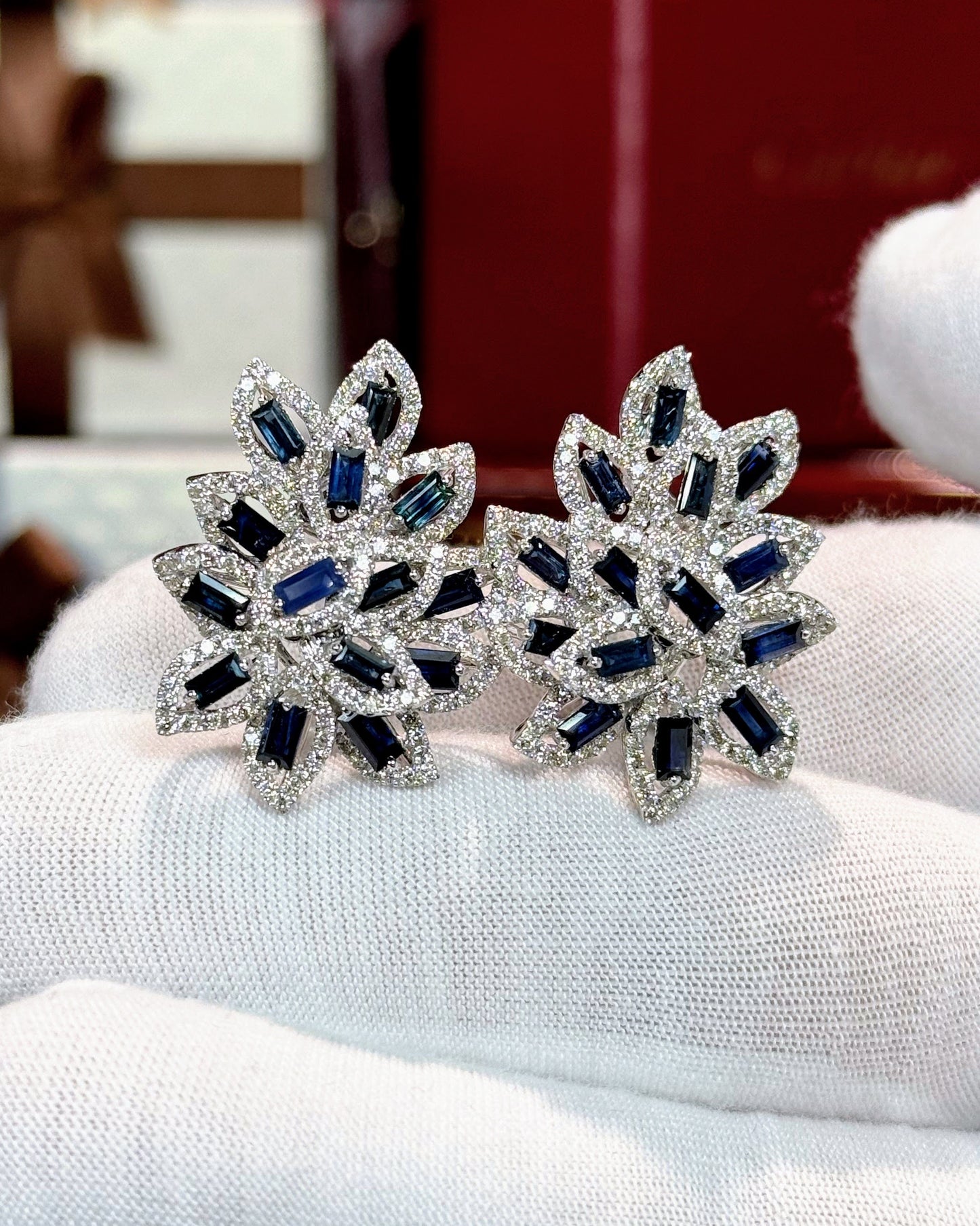 Sapphire Layered Leaves 14k WhiteGold Diamond Earrings