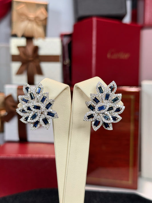 Sapphire Layered Leaves 14k WhiteGold Diamond Earrings
