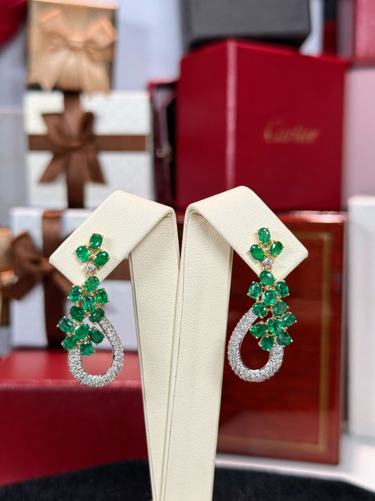 Floral Emerald and Diamond 14k Yellow Gold Earrings