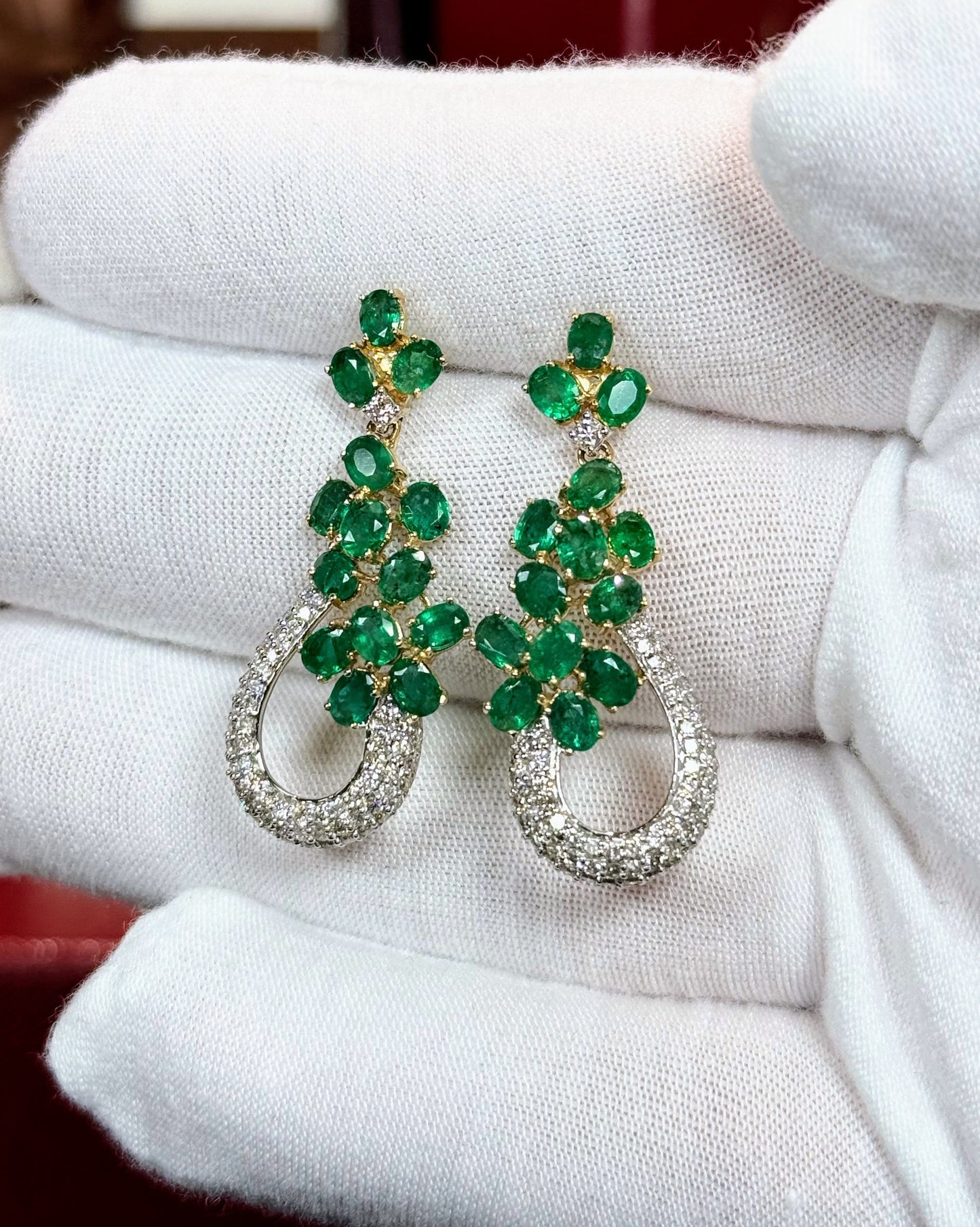 Floral Emerald and Diamond 14k Yellow Gold Earrings