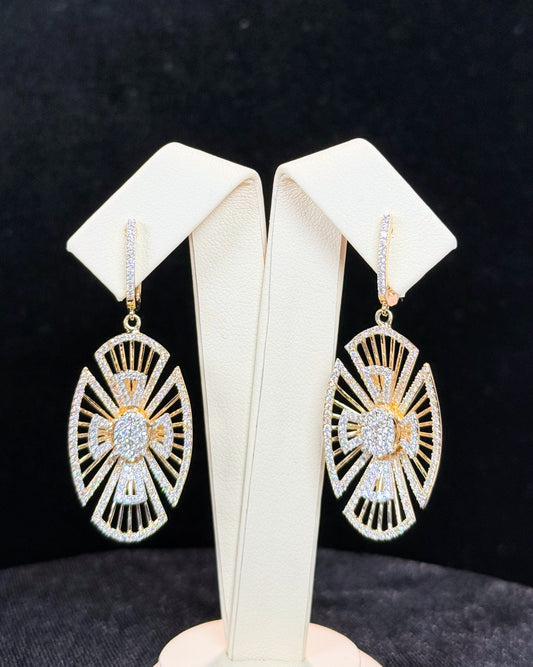 Oval Geometric Design Floral Diamond 14k Yellow Gold Earrings