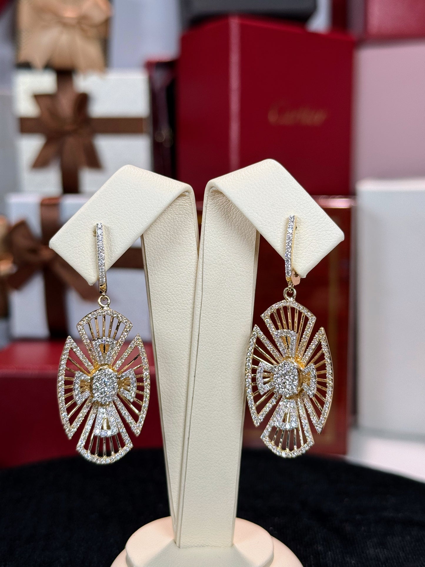 Oval Geometric Design Floral Diamond 14k Yellow Gold Earrings