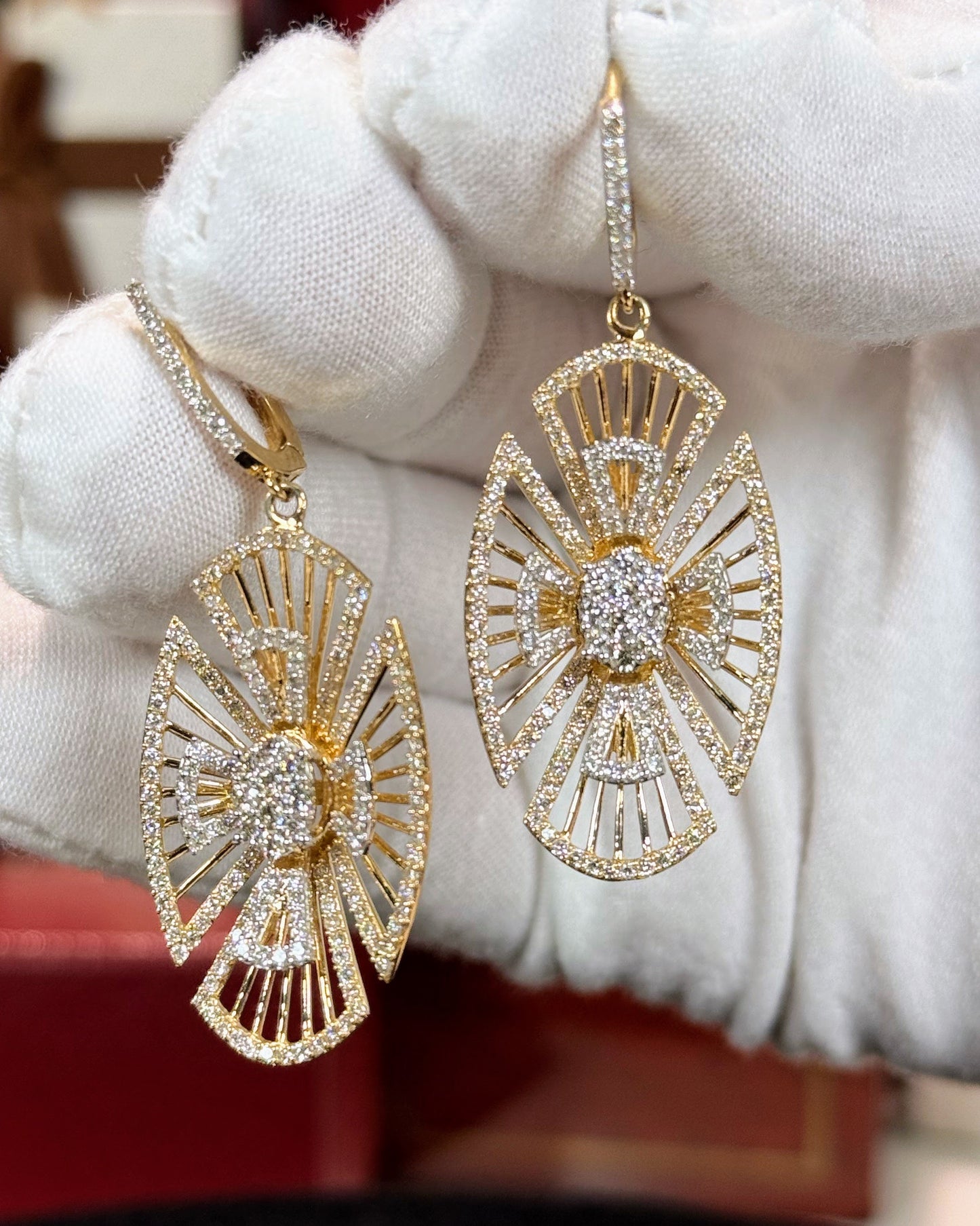 Oval Geometric Design Floral Diamond 14k Yellow Gold Earrings