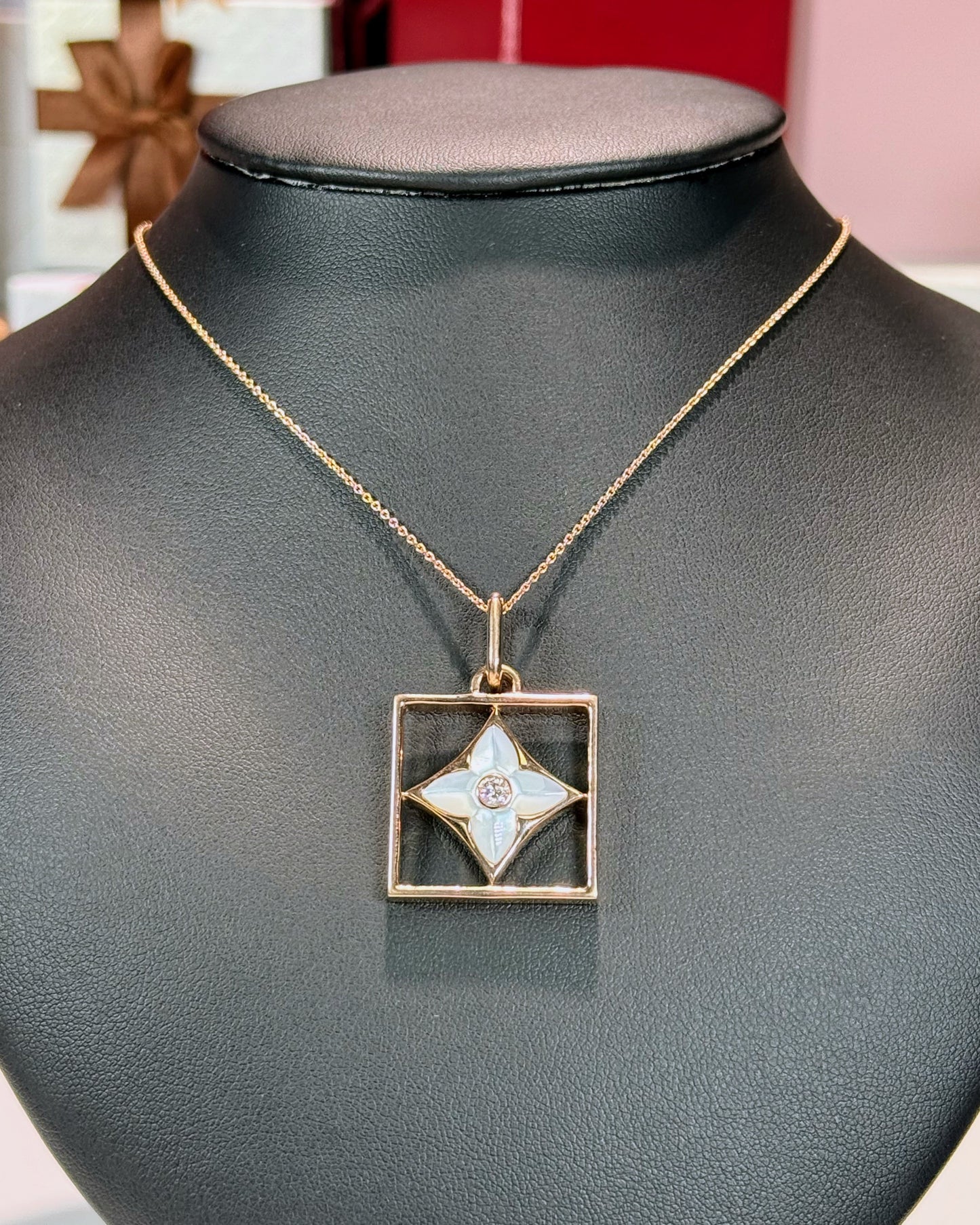 LV Logo Mother of Pearl 14k Rose Gold Pendant Necklace