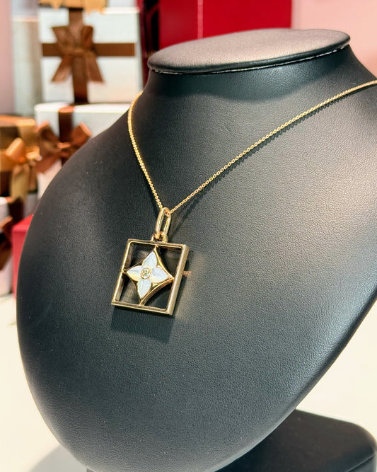 LV Logo Mother of Pearl 14k Rose Gold Pendant Necklace