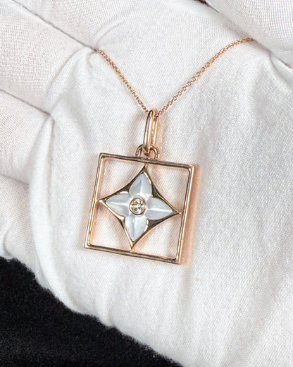 LV Logo Mother of Pearl 14k Rose Gold Pendant Necklace
