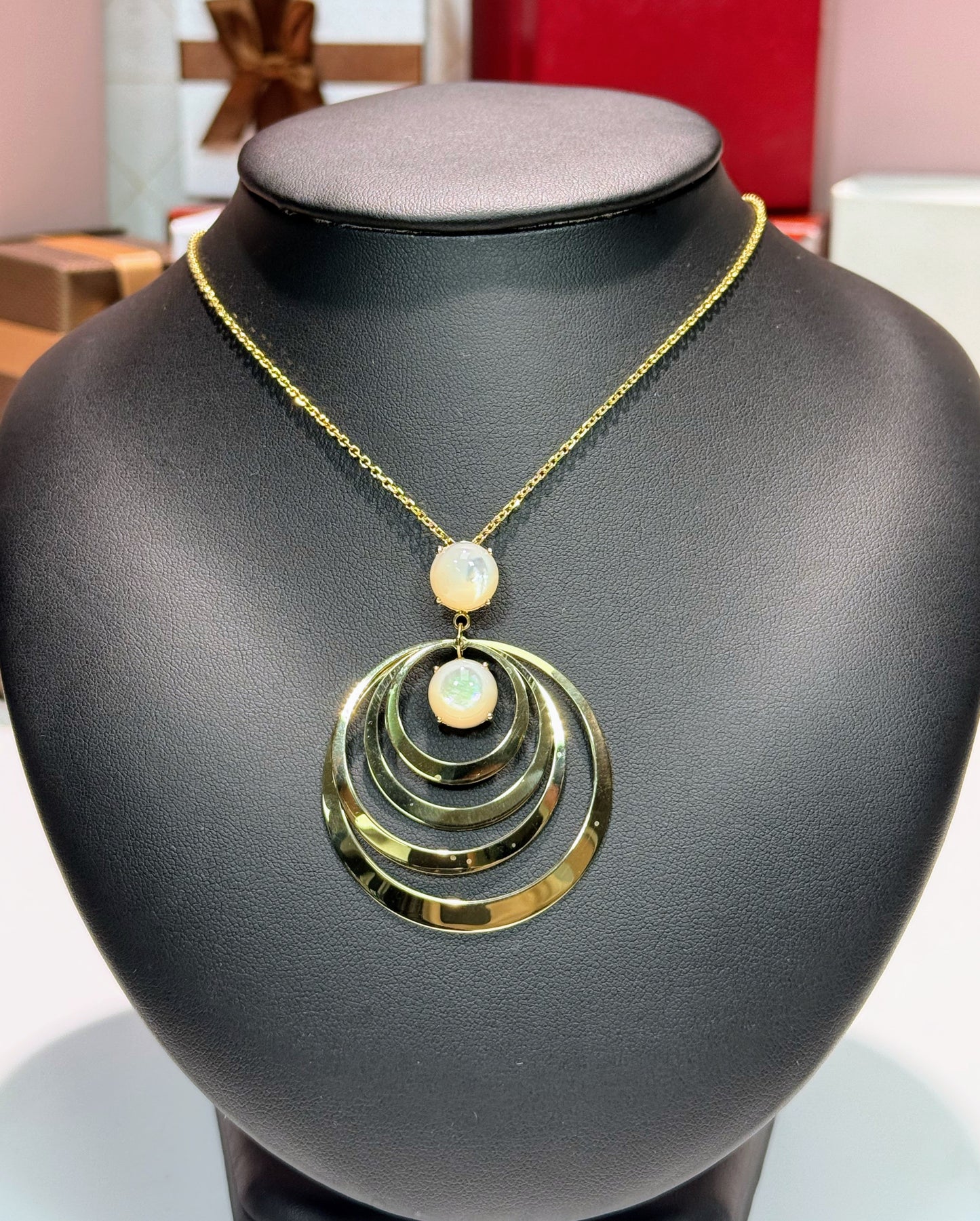 Concentric Crescents Moonstone 14k Yellow Gold Pendant Necklace