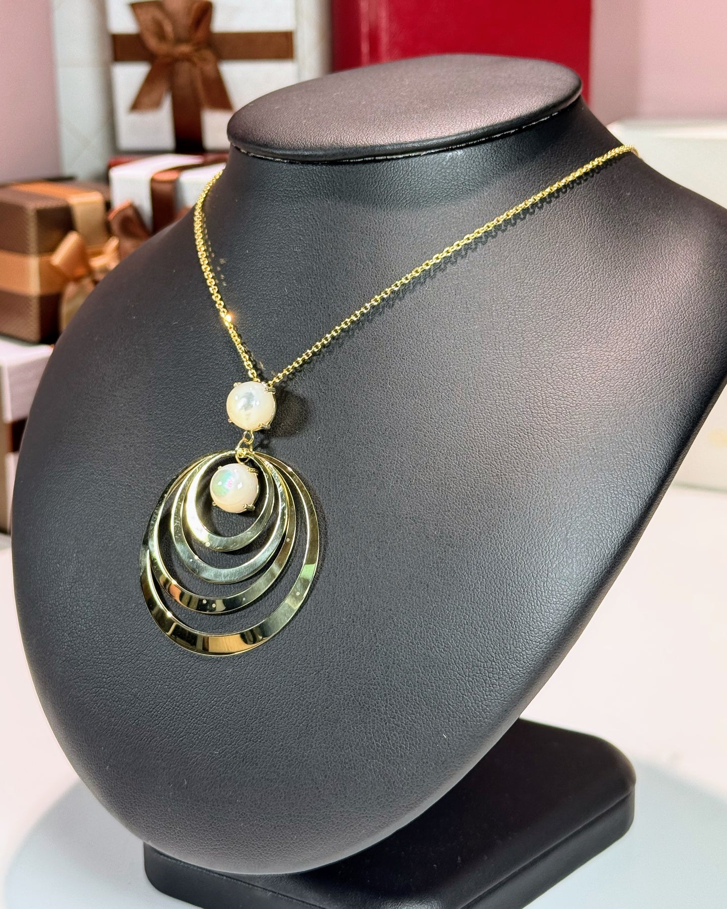 Concentric Crescents Moonstone 14k Yellow Gold Pendant Necklace