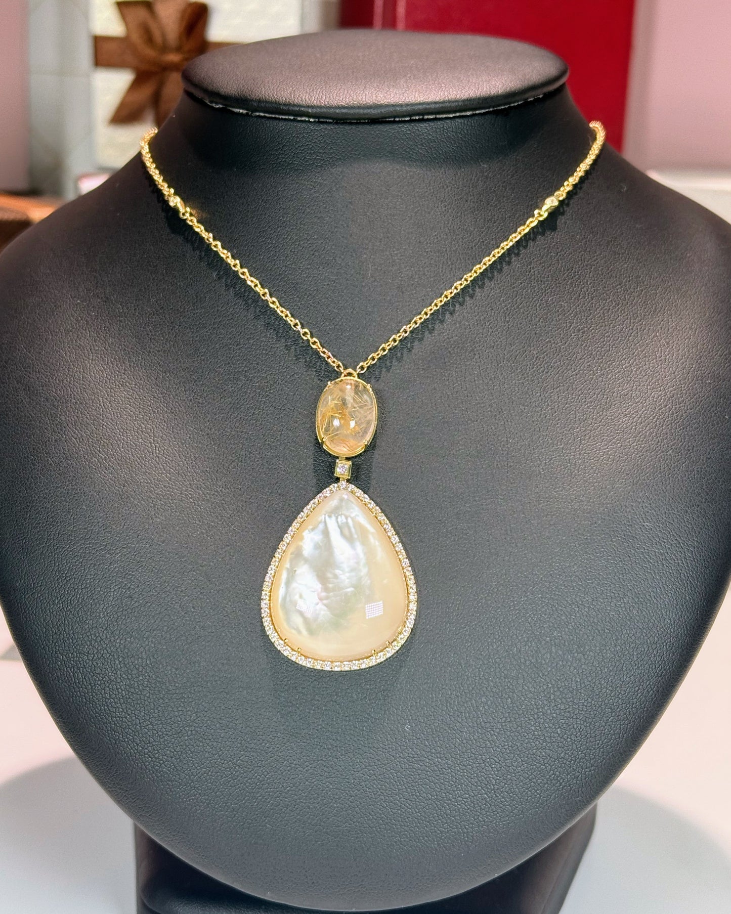 Gold Rutile Quartz and Mother of Pearl 14k Yellow Gold Pendant Necklace