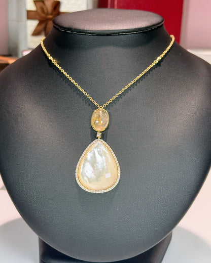 Gold Rutile Quartz and Mother of Pearl 14k Yellow Gold Pendant Necklace