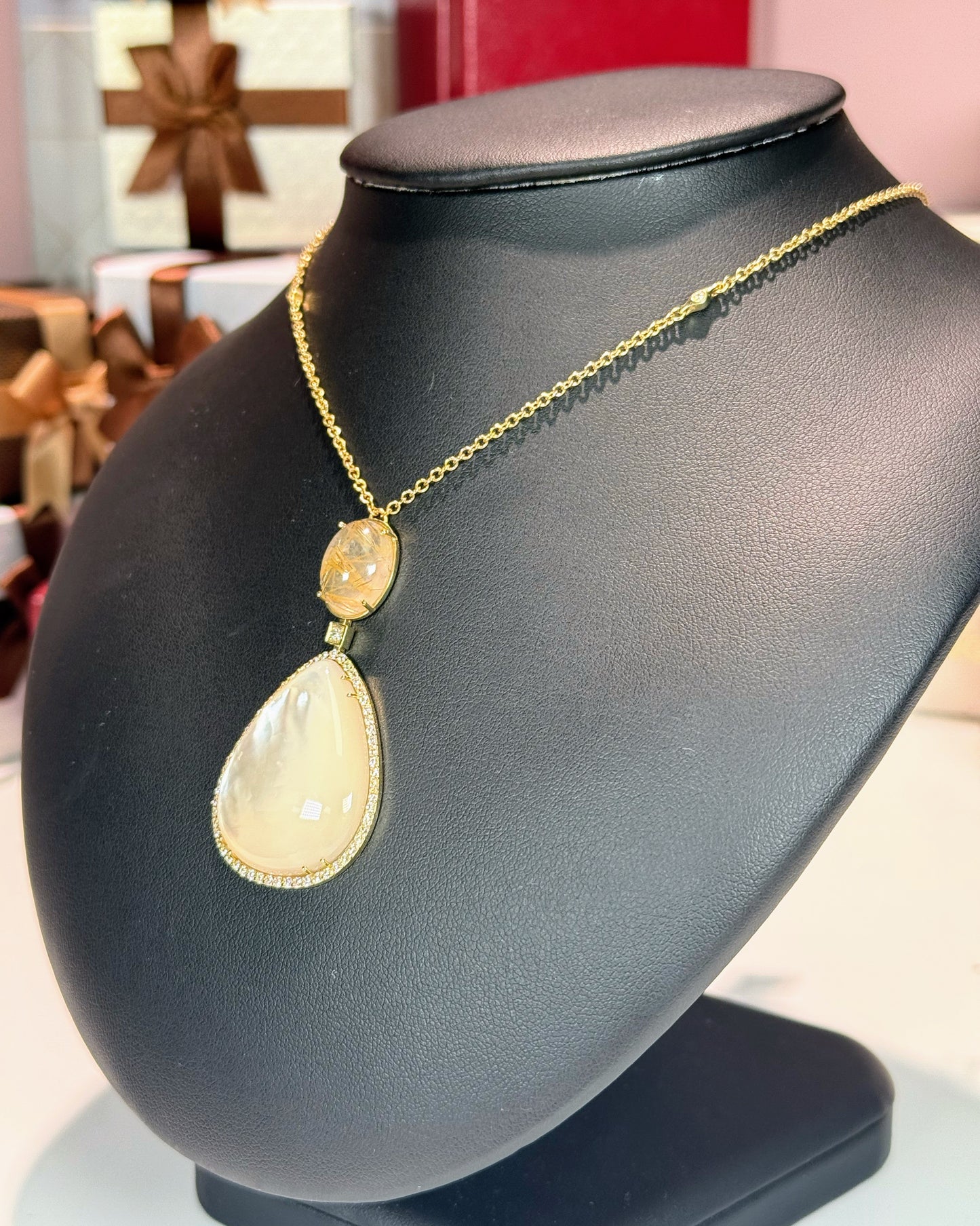 Gold Rutile Quartz and Mother of Pearl 14k Yellow Gold Pendant Necklace