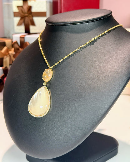 Gold Rutile Quartz and Mother of Pearl 14k Yellow Gold Pendant Necklace