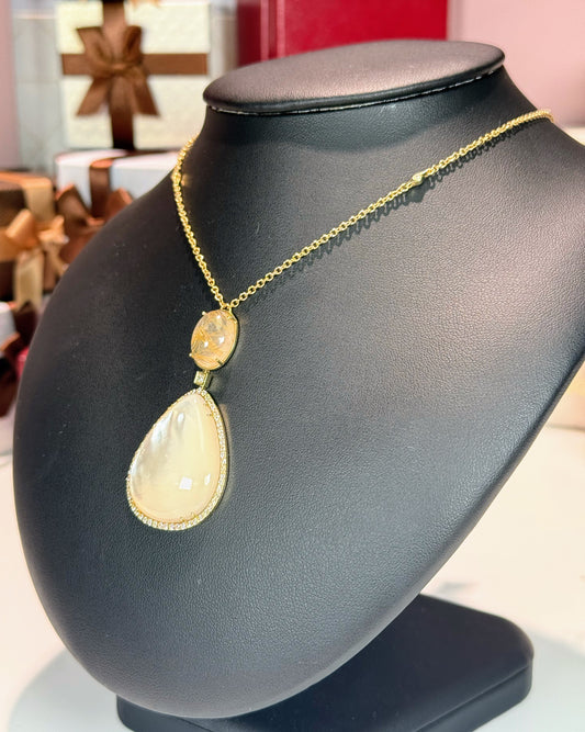 Gold Rutile Quartz and Mother of Pearl 14k Yellow Gold Pendant Necklace