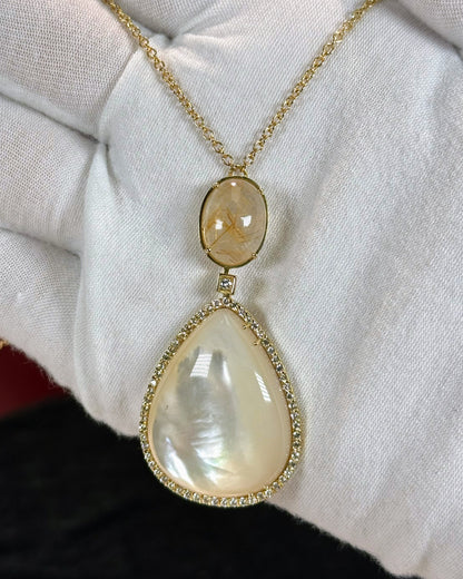 Gold Rutile Quartz and Mother of Pearl 14k Yellow Gold Pendant Necklace