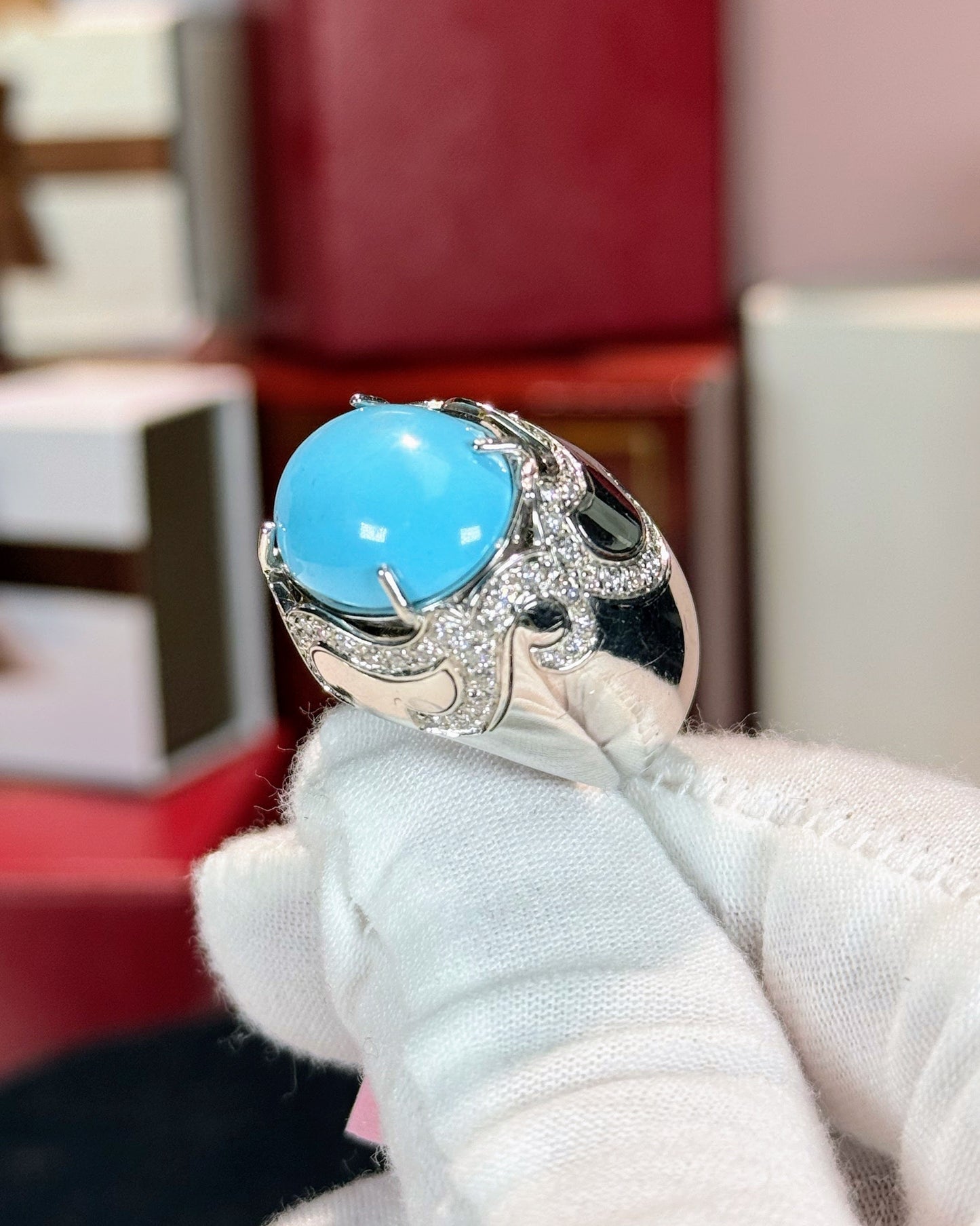 14k White Gold Turquoise Signet Diamond Ring