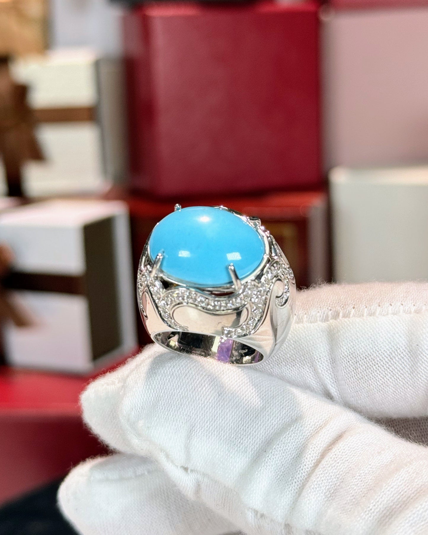 14k White Gold Turquoise Signet Diamond Ring