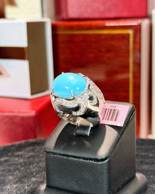 14k White Gold Turquoise Signet Diamond Ring