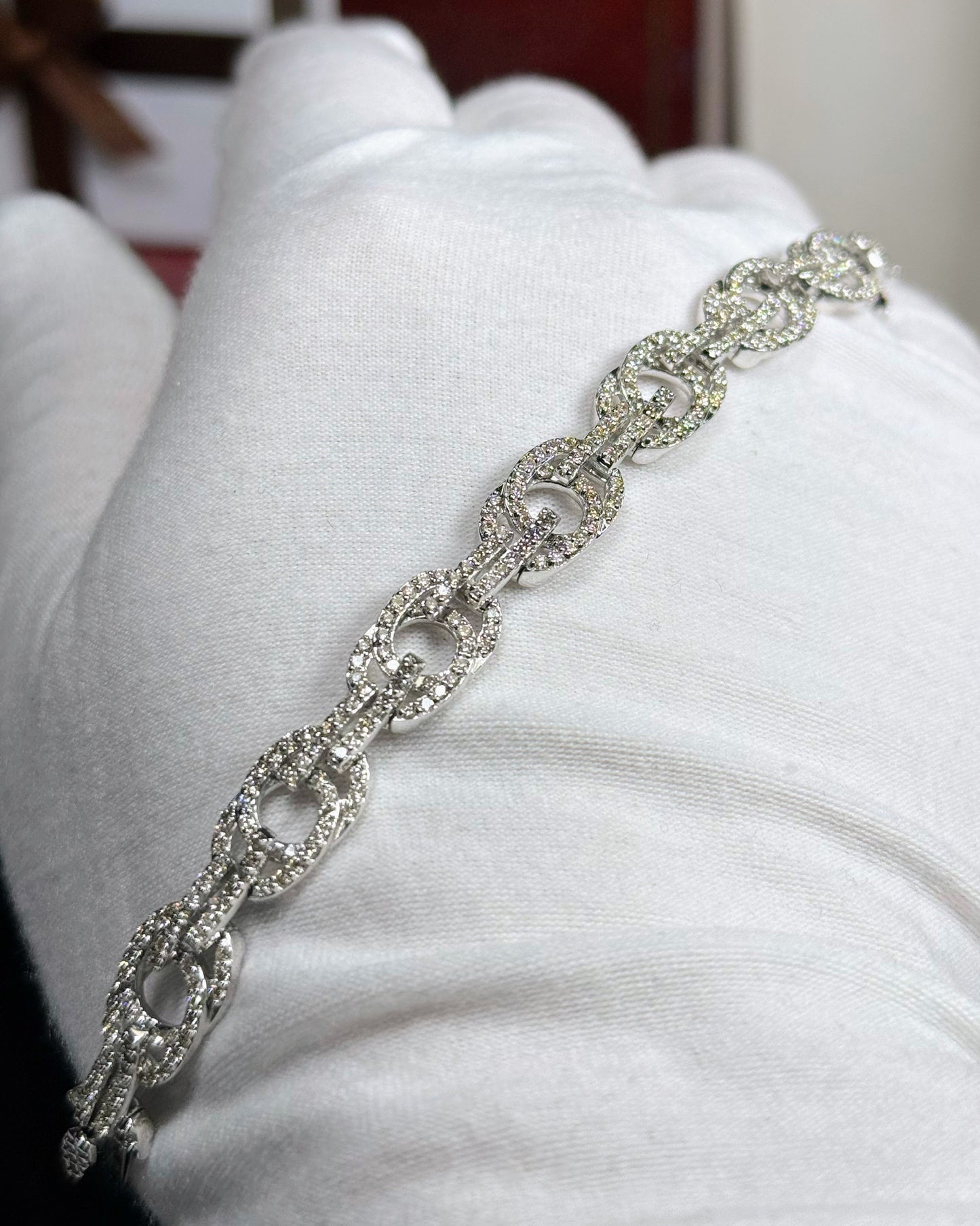 Double Linked Rings 14k White Gold Diamond Bracelet
