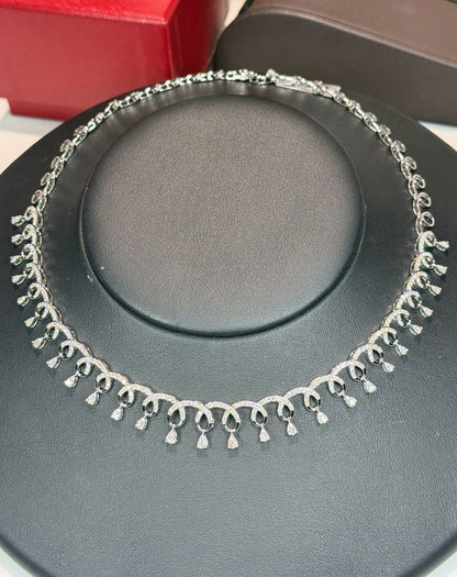 Curvy Pattern and Dangling Raindrops 14k White Gold Diamond Necklace