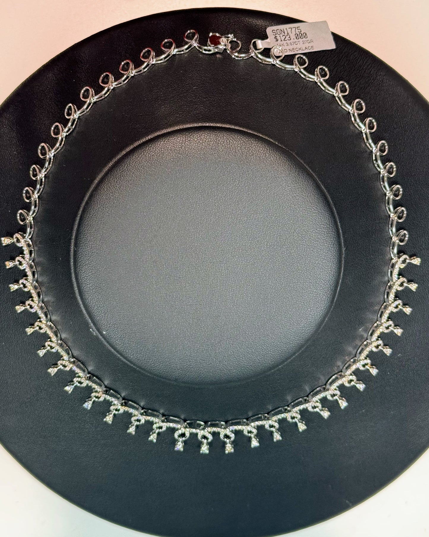 Curvy Pattern and Dangling Raindrops 14k White Gold Diamond Necklace