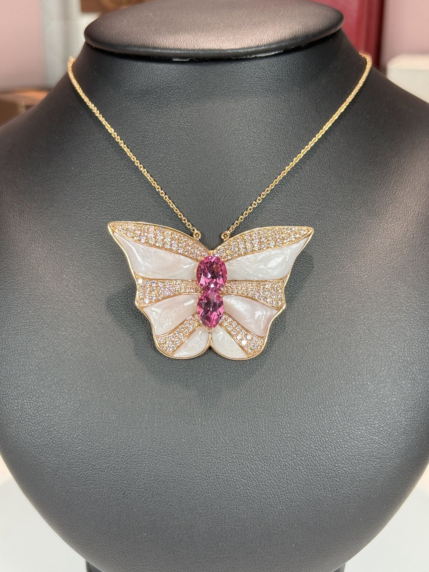 14k Rose Gold Pink Tourmaline and MoP Butterfly Diamond Pendant Necklace