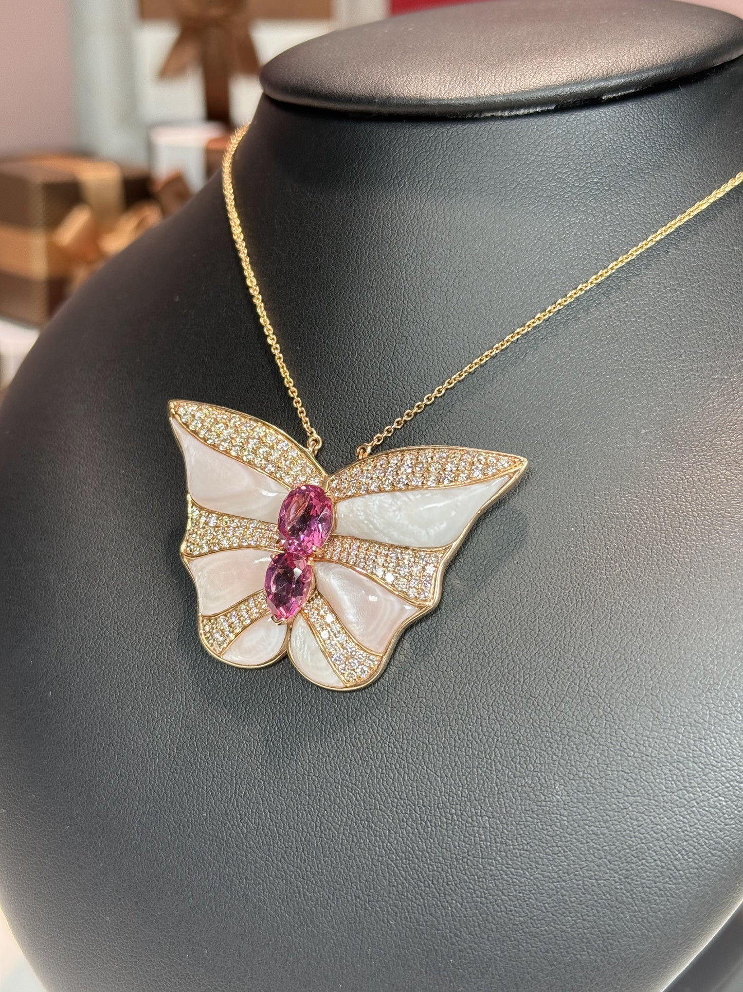 14k Rose Gold Pink Tourmaline and MoP Butterfly Diamond Pendant Necklace