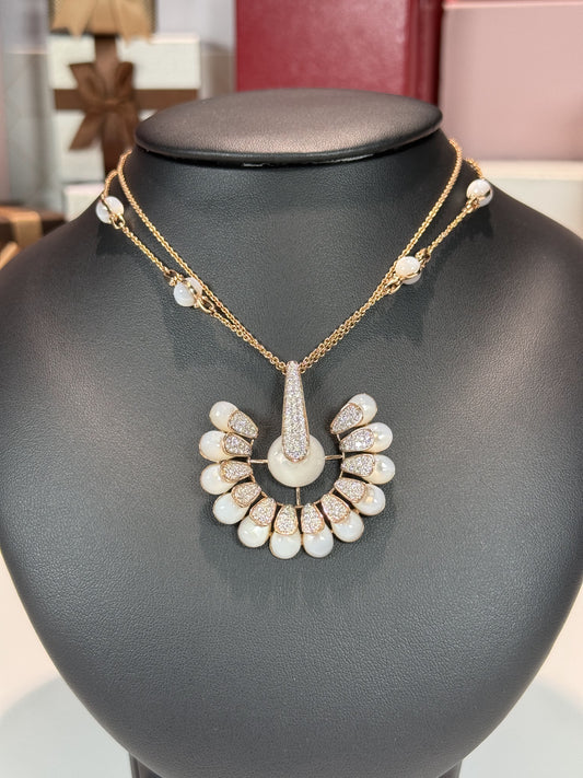 Peacock Tail Design 14k Rose Gold Moonstone Diamond Necklace
