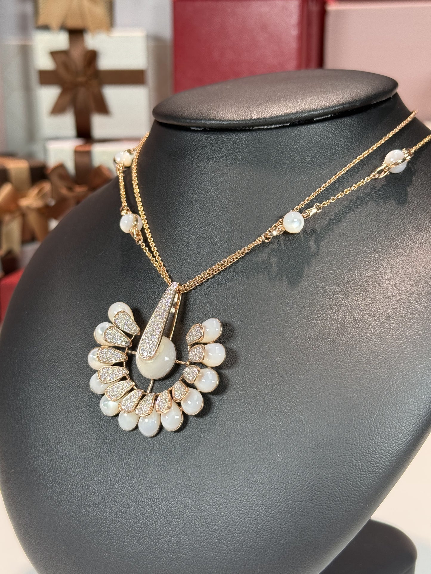 Peacock Tail Design 14k Rose Gold Moonstone Diamond Necklace