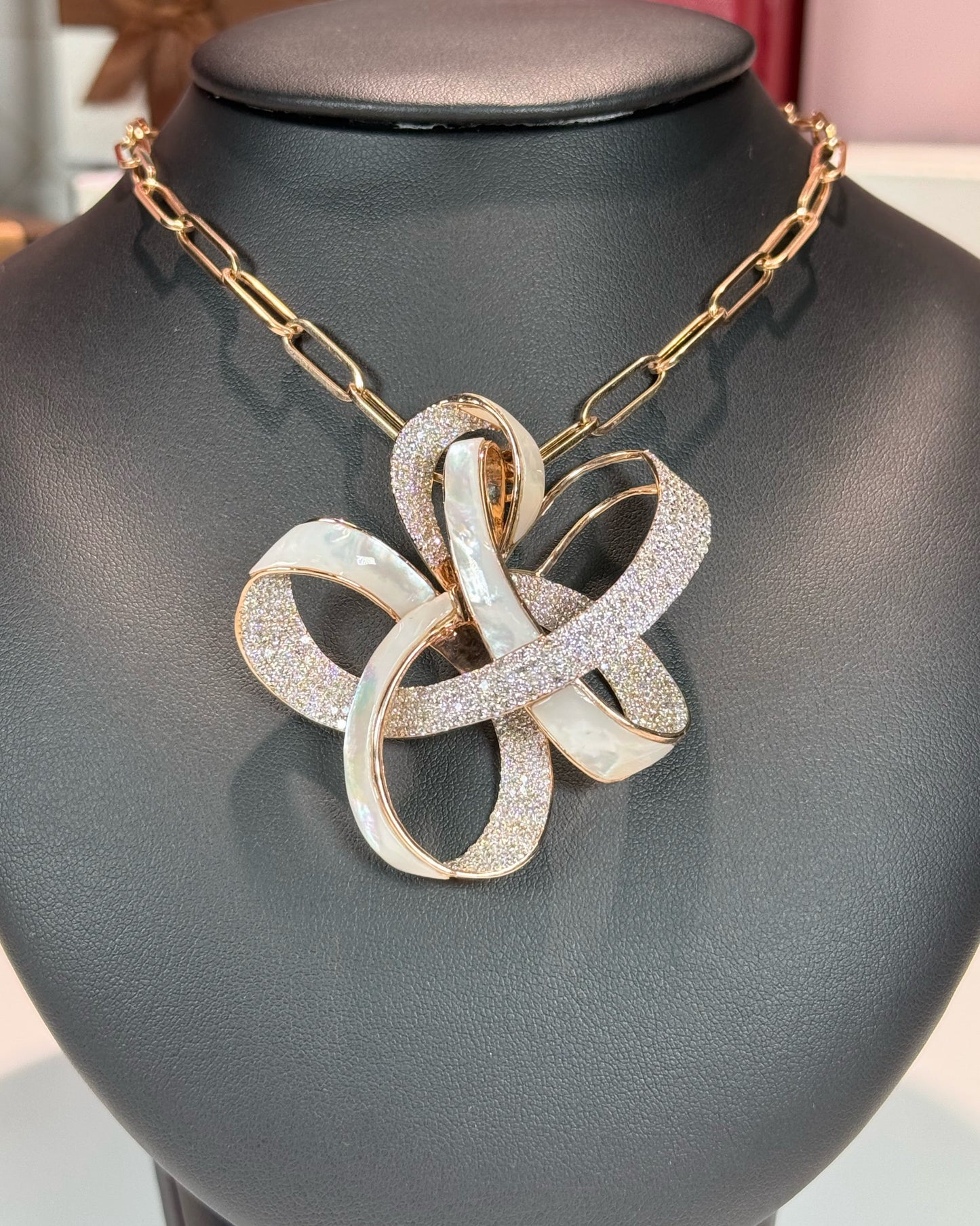 Ribbon Design MoP and Diamond 14k Rose Gold Necklace