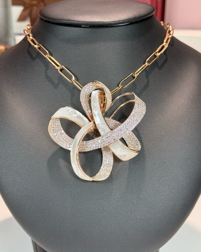 Ribbon Design MoP and Diamond 14k Rose Gold Necklace