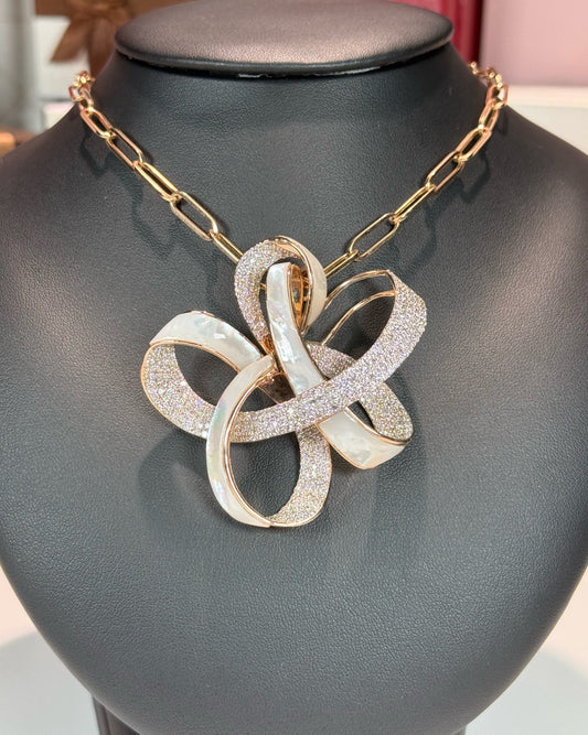 Ribbon Design MoP and Diamond 14k Rose Gold Necklace