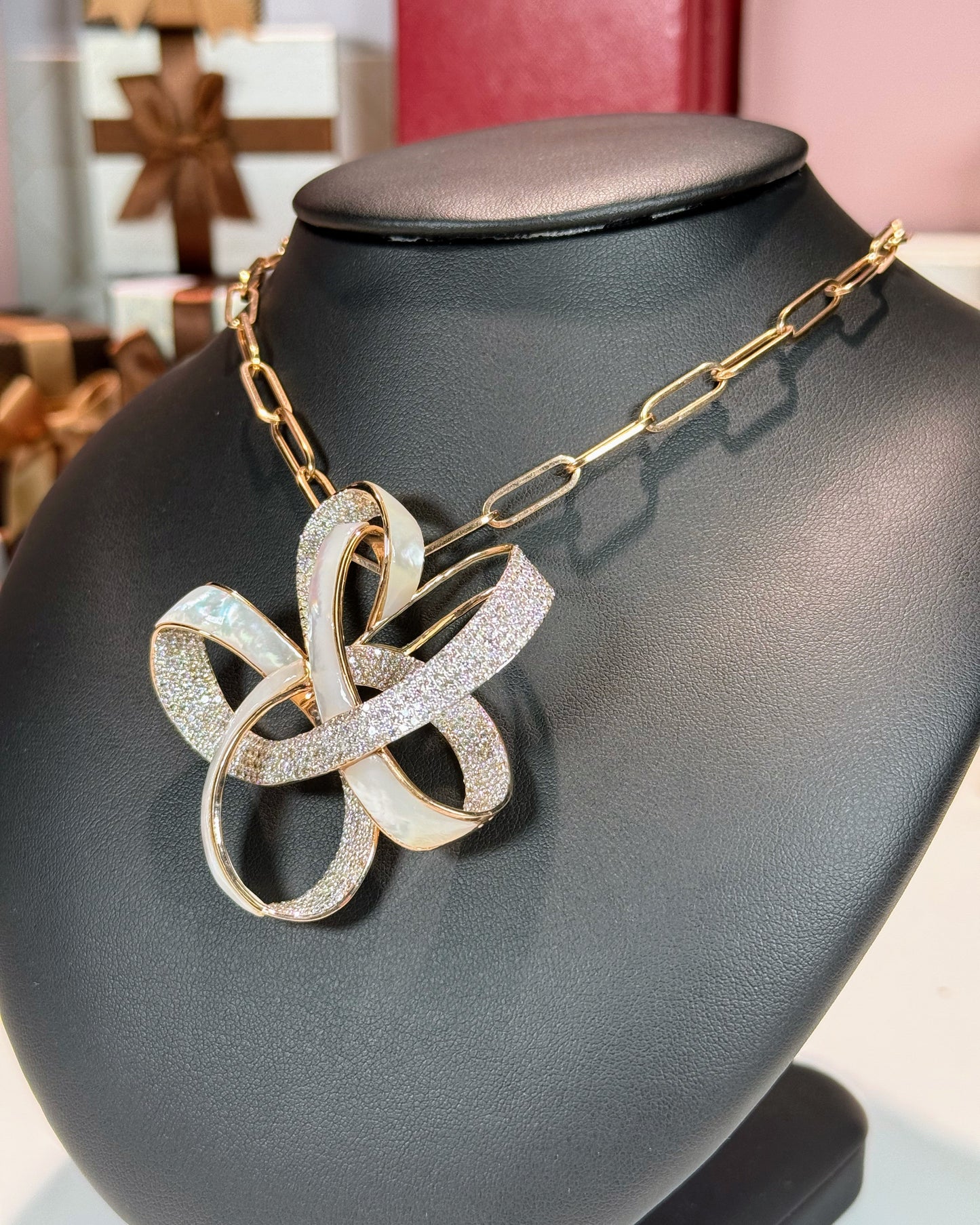 Ribbon Design MoP and Diamond 14k Rose Gold Necklace