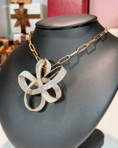 Ribbon Design MoP and Diamond 14k Rose Gold Necklace