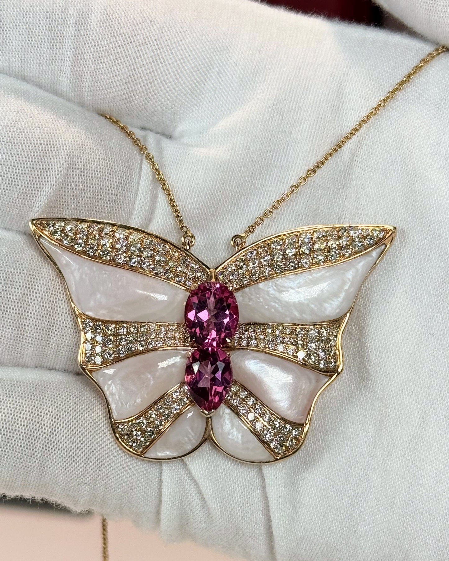 14k Rose Gold Pink Tourmaline and MoP Butterfly Diamond Pendant Necklace
