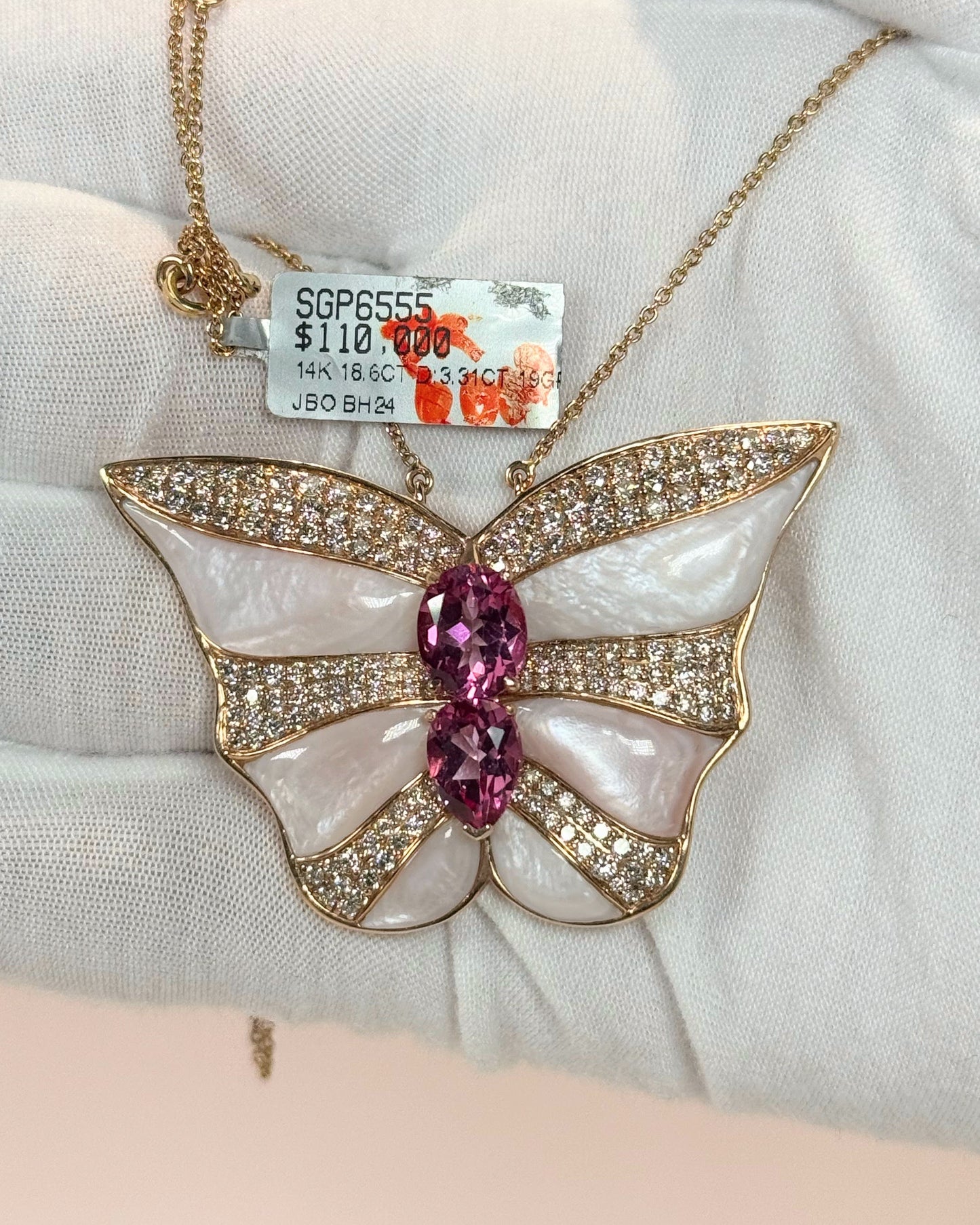 14k Rose Gold Pink Tourmaline and MoP Butterfly Diamond Pendant Necklace