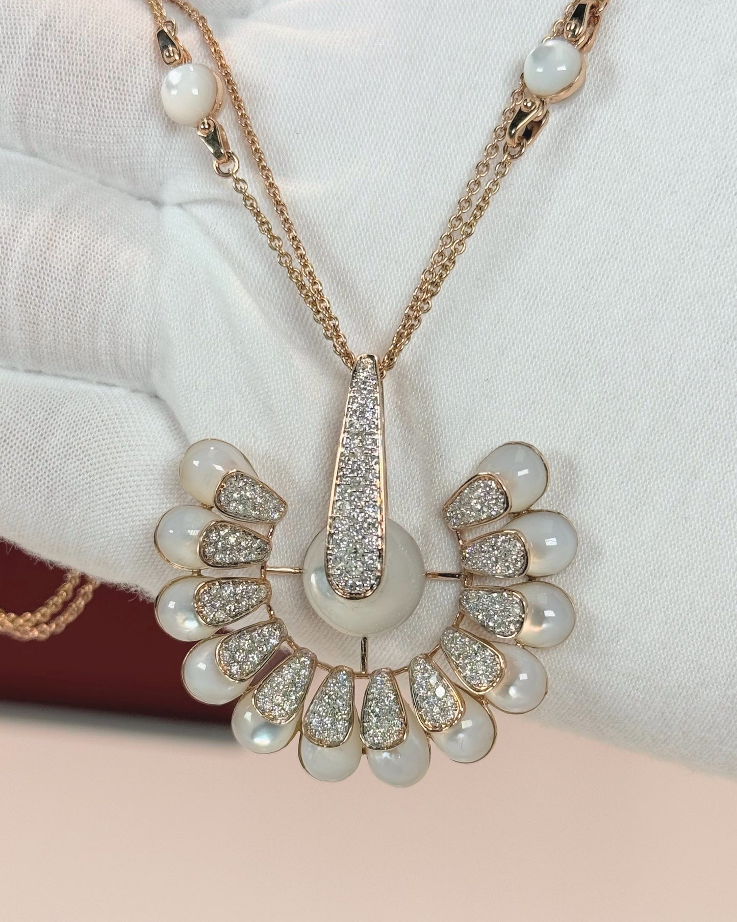 Peacock Tail Design 14k Rose Gold Moonstone Diamond Necklace