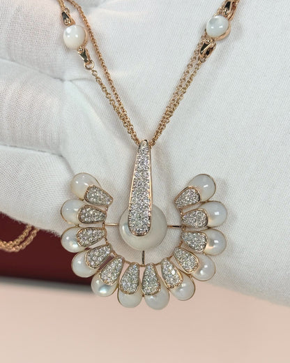 Peacock Tail Design 14k Rose Gold Moonstone Diamond Necklace