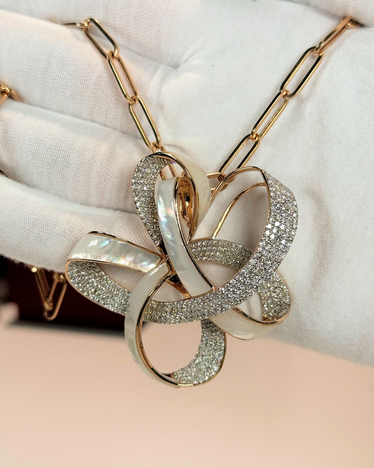 Ribbon Design MoP and Diamond 14k Rose Gold Necklace