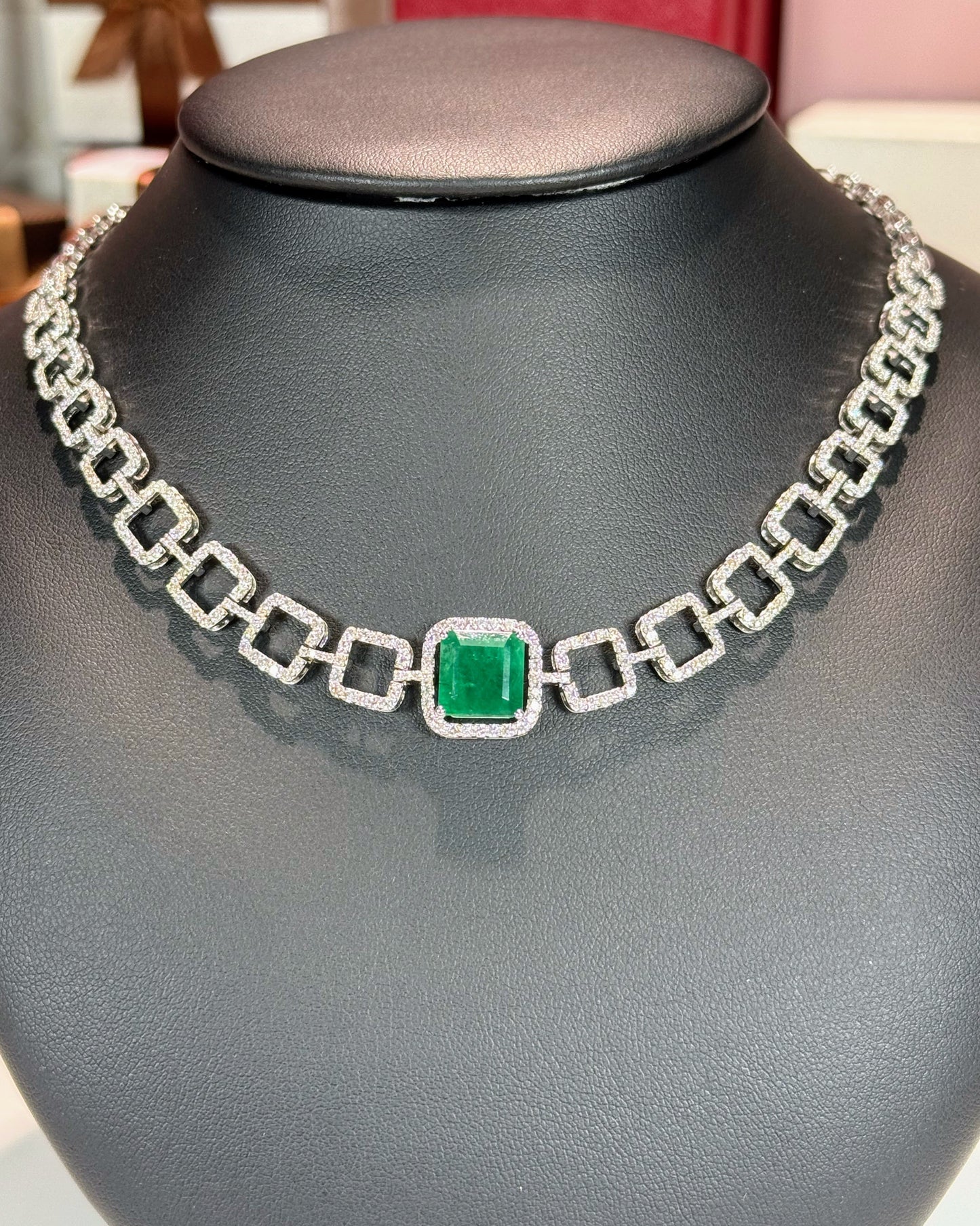 14k White Gold Emerald and Diamond Necklace