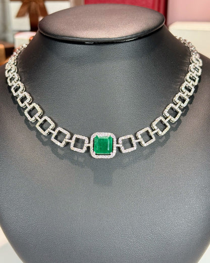 14k White Gold Emerald and Diamond Necklace