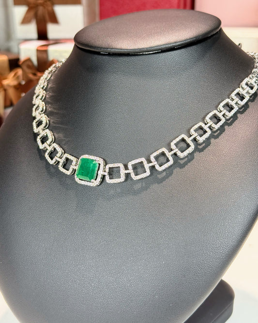 14k White Gold Emerald and Diamond Necklace