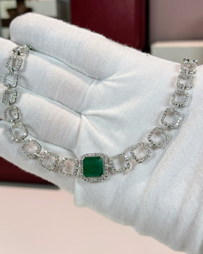14k White Gold Emerald and Diamond Necklace