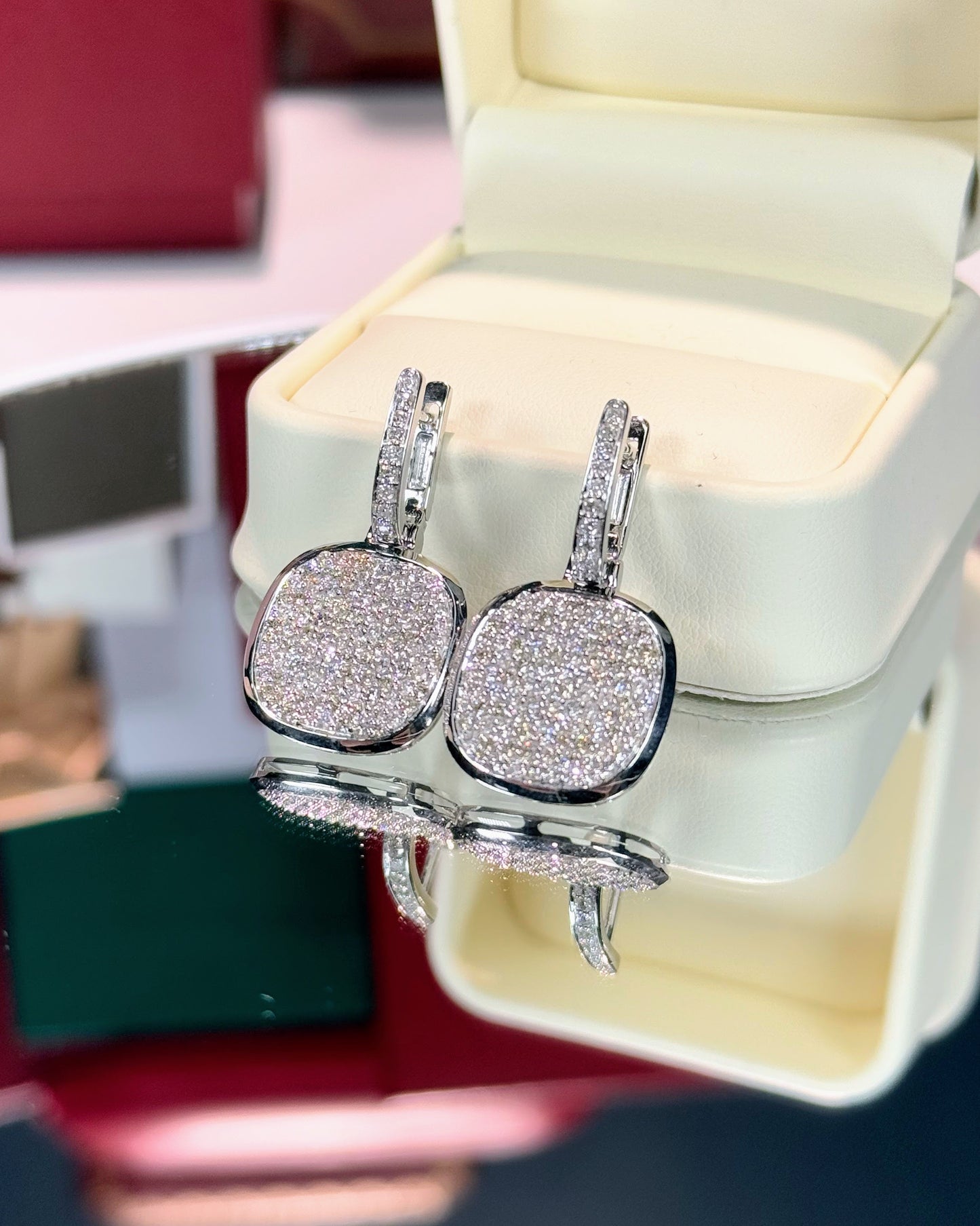Handheld Mirror Design 14k White Gold Earrings