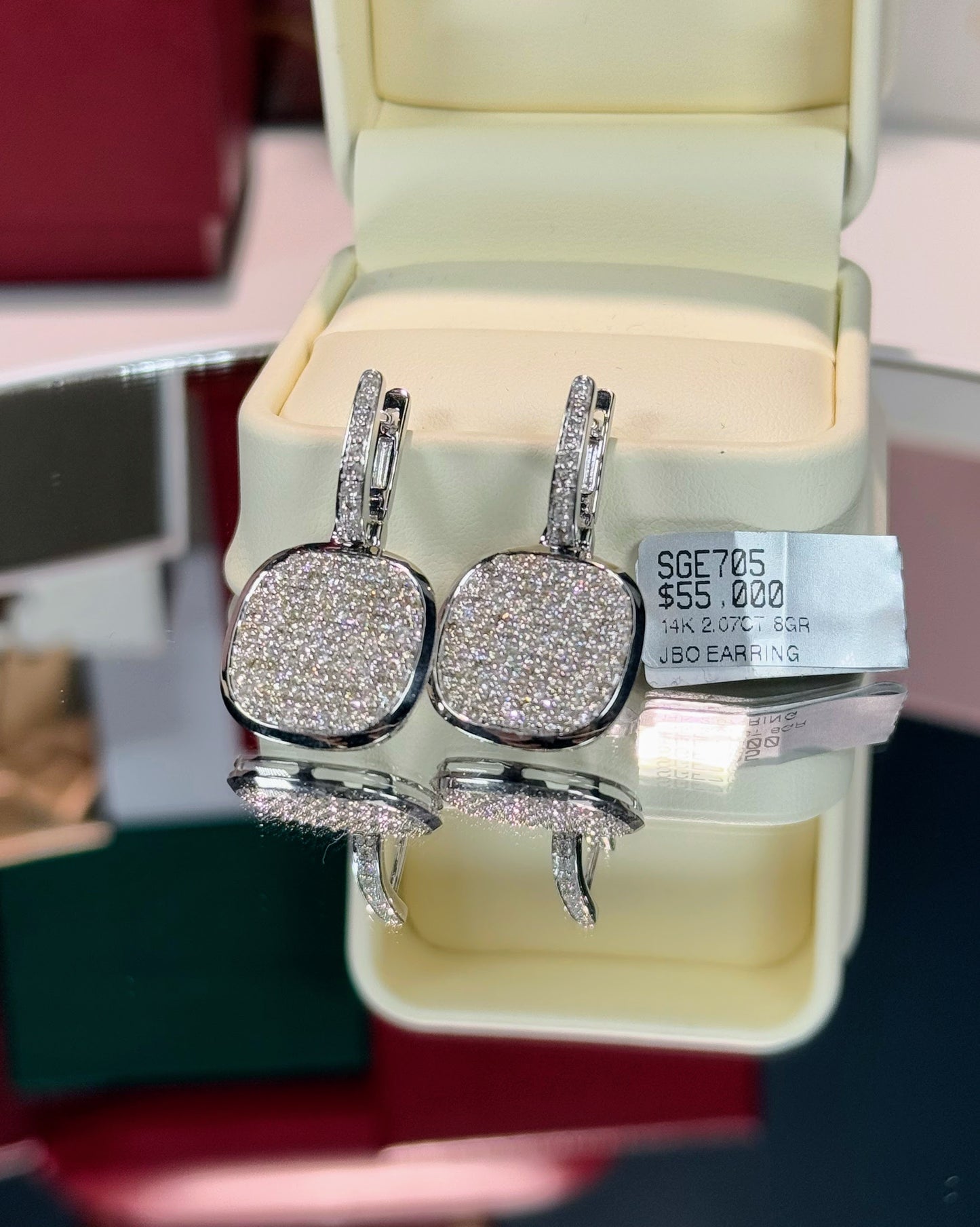 Handheld Mirror Design 14k White Gold Earrings