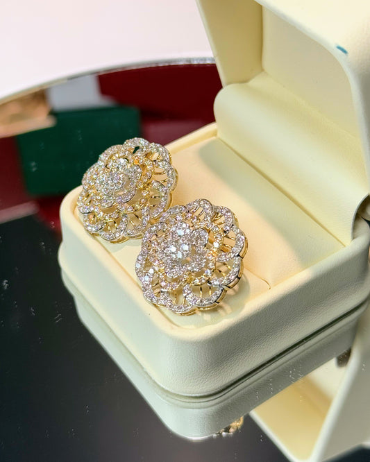 14k Yellow Gold Diamond Flower Earrings