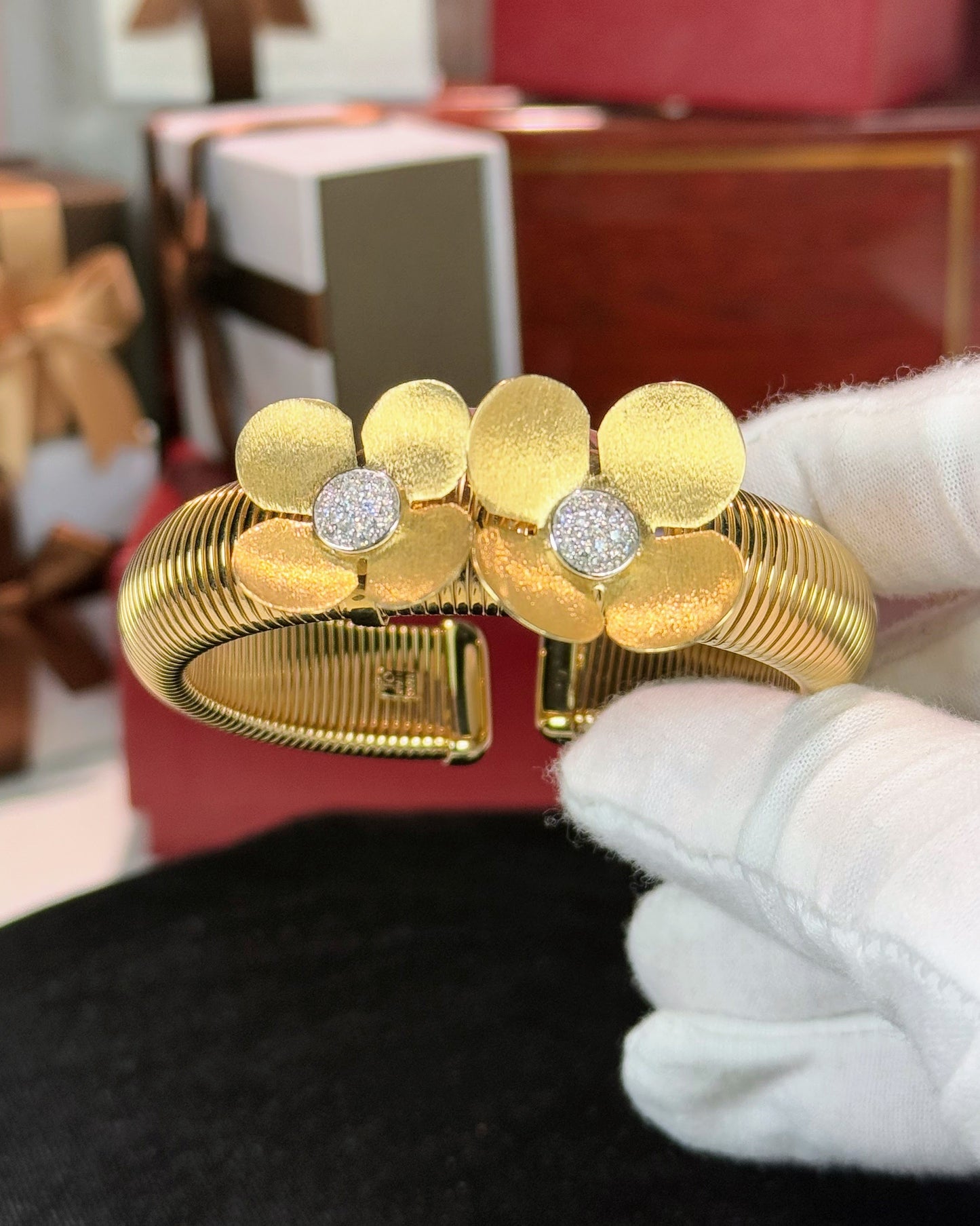 Twin Diamond Flower 14k Yellow Gold Bangle